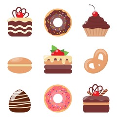 Cakes, set. Cookies and biscuits, donut and macaroon icons. Chocolate and vanilla cookies with creame and berries.