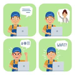 Set of worker characters with laptop in different situations. Cheerful mechanic working on laptop, surprised, angry, talking to woman through web camera. Flat style vector illustration