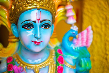 Fototapeta na wymiar Statue of Hindu god Krishna in high glossy paint