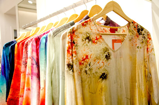 Indian women kurtis or lehanga on a rack for sale at a clothing store