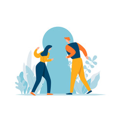 Couple looking into keyhole with curiosity. Problem solving, opportunity, concept. Cartoon characters discovery secret. Man and woman searching sense, freedom, future journey.