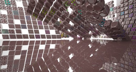 Abstract dynamic interior with brown and colored smooth objects. 3D illustration and rendering