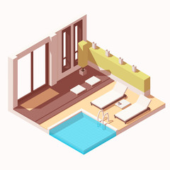Vector isometric hotel resort outdoor pool lounge cutaway icon