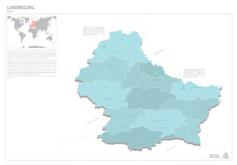 Fototapeta na wymiar Luxembourg map with borders, administrative divisions, cities and pointer marks. Vector isometric illustration