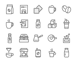 set of coffee line icons, such as tea, matcha, lemon, cocoa, milk, cream, pot, drinks