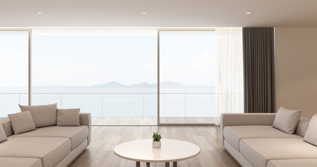 Perspective of modern luxury living room with white sofa and dining table on sea view background,Idea of family vacation - warm timber interior design - 3D rendering.