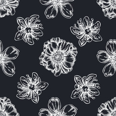 Seamless pattern with hand drawn chalk almond, poppy flower, tilia cordata