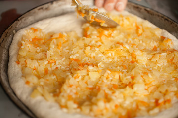 Woman cooks a pie with cabbage