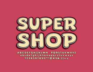 Vector stylish Logo Super Shop. Colorful Font. Bright Alphabet Letters and Numbers.