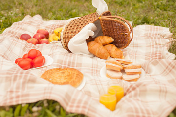 Croissant basket and fruit picnic outdoors in the park