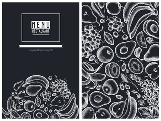 Menu cover floral design with chalk apples, pears, avocado, kiwi, grapes, bananas, strawberry