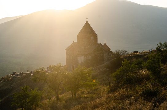 old Sevanavanq monastery in Sevan, Armenia while sunset