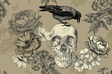 Skull with a raven and roses on a seamless, floral background. Vector illustration, hand drawing. - 275810458