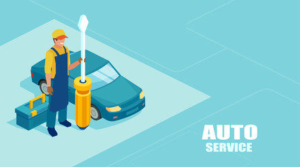 Isometric vector of a mechanic with a screwdriver ready to fix a car offer a professional service