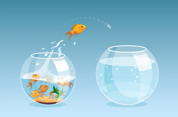 Vector of a goldfish jumping out a fishbowl to another aquarium