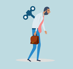 Vector of a businessman walking with a wind up key mechanism