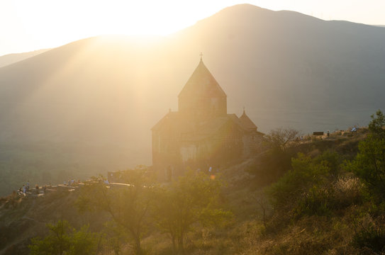 old Sevanavanq monastery in Sevan, Armenia while sunset