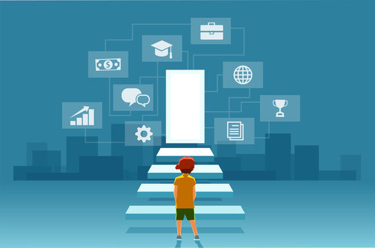 Vector Of A Child, A Boy Looking At The Stairs Leading To The Door Of Modern Digital World.