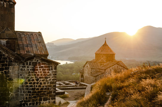 old Sevanavanq monastery in Sevan, Armenia while sunset