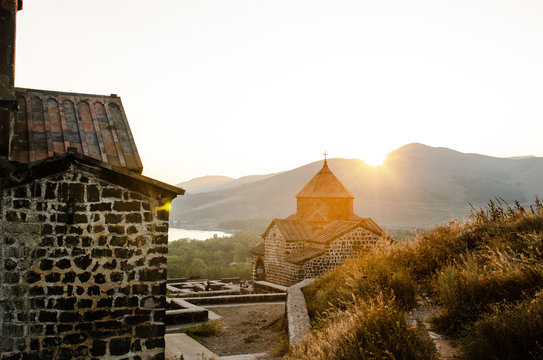 old Sevanavanq monastery in Sevan, Armenia while sunset