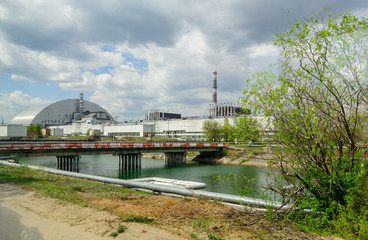 Panorama near the Chernobyl nuclear power plant. The first second third and fourth power units....