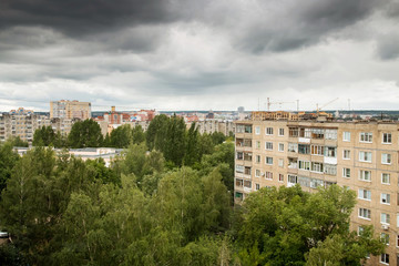 Clouds over the city, stormy sky, Park, Green city, abandoned houses