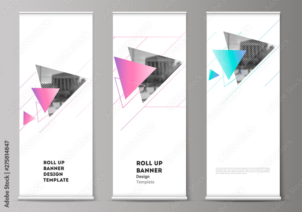 Poster the vector illustration of the editable layout of roll up banner stands, vertical flyers, flags desi
