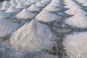 Fototapeta premium White salt piles in the vast salt fields of the sea