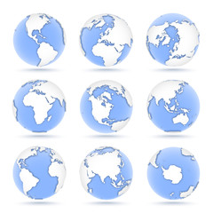 Set of globes, nine icons of blue globes showing earth from all continents