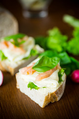 Fototapeta na wymiar sandwich with cheese, salad leaves and red fish on a wooden