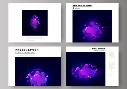 The minimalistic abstract vector illustration of the editable layout of the presentation slides design business templates. Black background with fluid gradient, liquid blue colored geometric element.