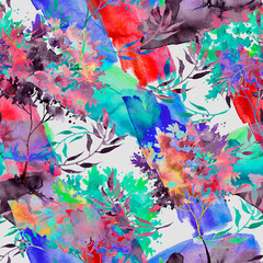 Watercolor seamless pattern, background with vintage pattern. Abstract watercolor seamless pattern.  bush, tree, beautiful landscape, colorful background.  Stylish fashion illustration.Paint splash