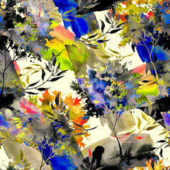 Watercolor seamless pattern, background with vintage pattern. Abstract watercolor seamless pattern.  bush, tree, beautiful landscape, colorful background.  Stylish fashion illustration.Paint splash