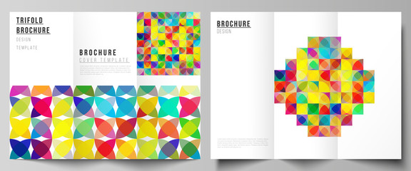 The minimal vector illustration layouts. Modern creative covers design templates for trifold brochure or flyer. Abstract background, geometric mosaic pattern with bright circles, geometric shapes.