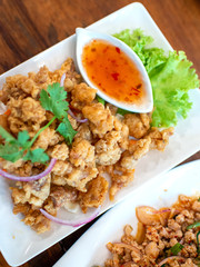 Fried chicken skin, sweet sauce, Thai food