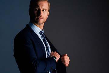elegance caucasian Successful businessman  with beard close up wear formal suit tie grey background