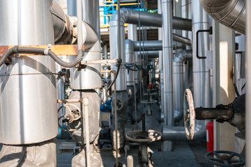 Chemical industry plant, factory or facility. Oil and gas refinery in factory. Steel Pipelines, tubes, containers and tanks in chemical plant. 