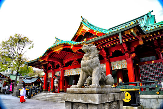 CHIYODA-KU, TOKYO / Japan - Apr.11 :  Guardian dog (placed at the gate or in front of a Shinto shrine) of Kanda Myoujin shrine.