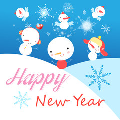 Fototapeta na wymiar Festive vector New Year card with funny snowmen