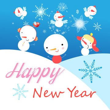 Festive vector New Year card with funny snowmen