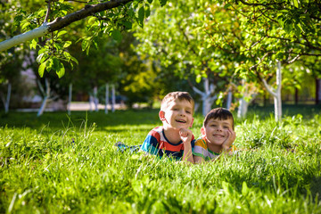 Naklejka premium Happy children having fun outdoors. Kids playing in summer park. Little boy and his brother laying on green fresh grass holiday camp.