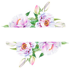 Beautiful white peony frame. Bouquet of flowers. Floral print. Marker drawing. Watercolor painting. Wedding and birthday composition. Greeting card. Flower painted background. Hand drawn illustration.