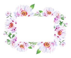 Beautiful white peony frame. Bouquet of flowers. Floral print. Marker drawing. Watercolor painting. Wedding and birthday composition. Greeting card. Flower painted background. Hand drawn illustration.