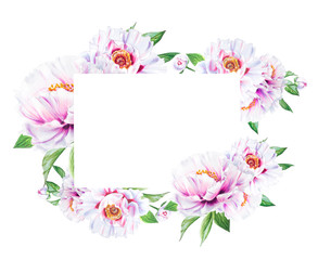 Beautiful white peony frame. Bouquet of flowers. Floral print. Marker drawing. Watercolor painting. Wedding and birthday composition. Greeting card. Flower painted background. Hand drawn illustration.