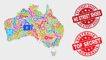 Guard Australia map and watermarks. Red rounded Top Secret and No Street Shoes distress stamps. Colored Australia map mosaic of different administration icons. Vector collage for guard purposes.
