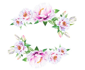 Naklejka premium Beautiful white peony frame. Bouquet of flowers. Floral print. Marker drawing. Watercolor painting. Wedding and birthday composition. Greeting card. Flower painted background. Hand drawn illustration.