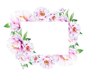 Beautiful white peony frame. Bouquet of flowers. Floral print. Marker drawing. Watercolor painting. Wedding and birthday composition. Greeting card. Flower painted background. Hand drawn illustration.