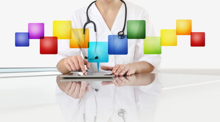 hands of doctor woman touch digital tablet at office desk with empty icons, copy space isolated on...