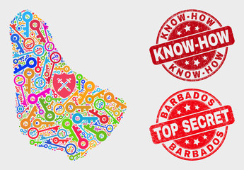 Safeguard Barbados map and seal stamps. Red rounded Top Secret and Know-How distress seal stamps. Colored Barbados map mosaic of different guard elements. Vector composition for guard purposes.