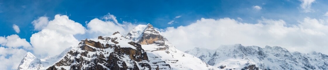 The panoramic peak of snow mountain at Murren Village, Switzerland